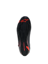 Alpinestars Faster-4 Drystar® Shoes, Outsole View, Black with Red Fluo branding, textured rubber grip sole with Alpinestars logo and wordmark, durable motorcycle riding footwear