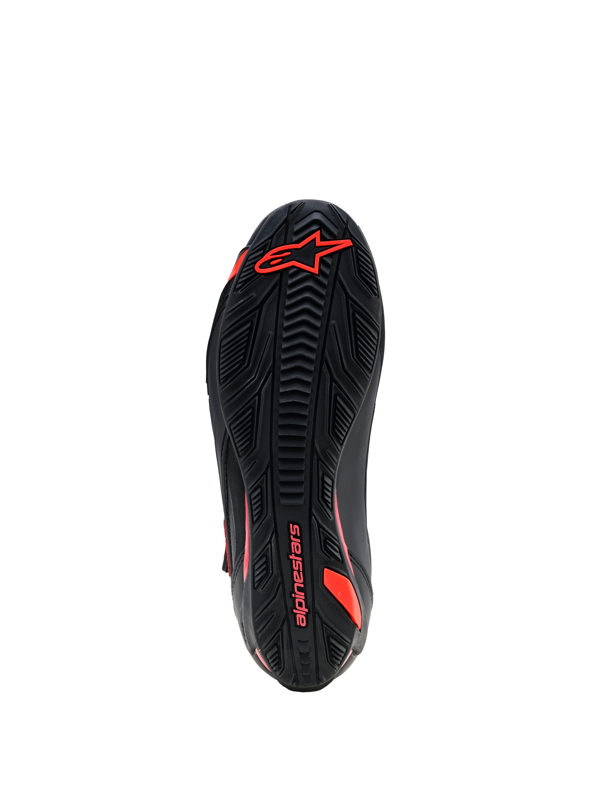 Alpinestars Faster-4 Drystar® Shoes, Outsole View, Black with Red Fluo branding, textured rubber grip sole with Alpinestars logo and wordmark, durable motorcycle riding footwear
