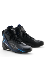 Alpinestars Faster-4 Drystar® Shoes, Waterproof Motorcycle Riding Shoes, Black Night Navy Cyan, featuring white Alpinestars logos and cyan blue accents, sports-oriented design with lace-up and hook-and-loop closure
