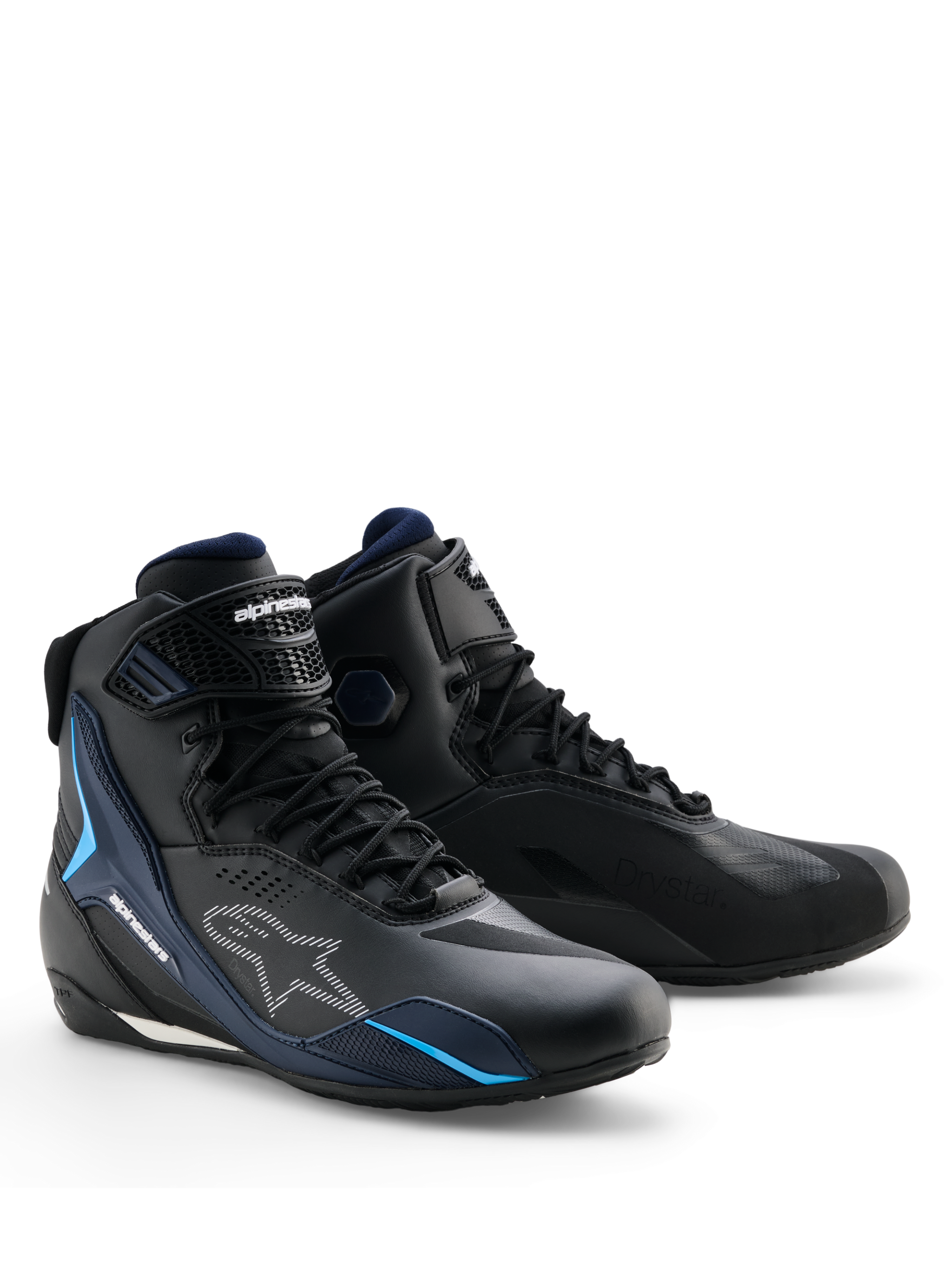Alpinestars Faster-4 Drystar® Shoes, Waterproof Motorcycle Riding Shoes, Black Night Navy Cyan, featuring white Alpinestars logos and cyan blue accents, sports-oriented design with lace-up and hook-and-loop closure