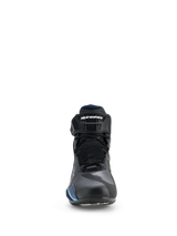 Alpinestars Faster-4 Drystar® Shoes, waterproof motorcycle riding shoes, Black Night Navy Cyan, front view showing laces and adjustable ankle strap with Alpinestars branding, streamlined sports riding design