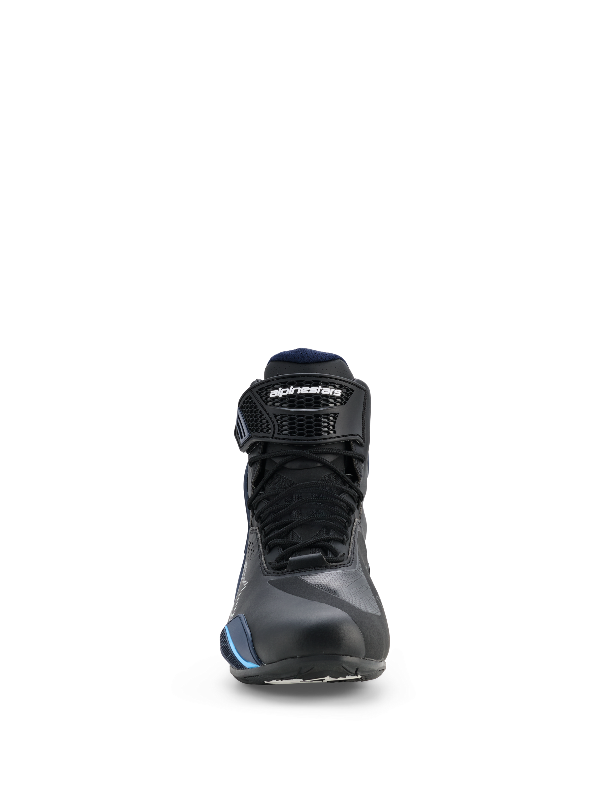 Alpinestars Faster-4 Drystar® Shoes, waterproof motorcycle riding shoes, Black Night Navy Cyan, front view showing laces and adjustable ankle strap with Alpinestars branding, streamlined sports riding design