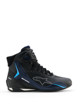 Alpinestars Faster-4 Drystar Shoes, Motorcycle Riding Shoes, Black Night Navy Cyan, lateral view showing high-top sneaker design, cyan TPU support panels, white dashed Alpinestars logo, and lace closure with a textured ankle strap.