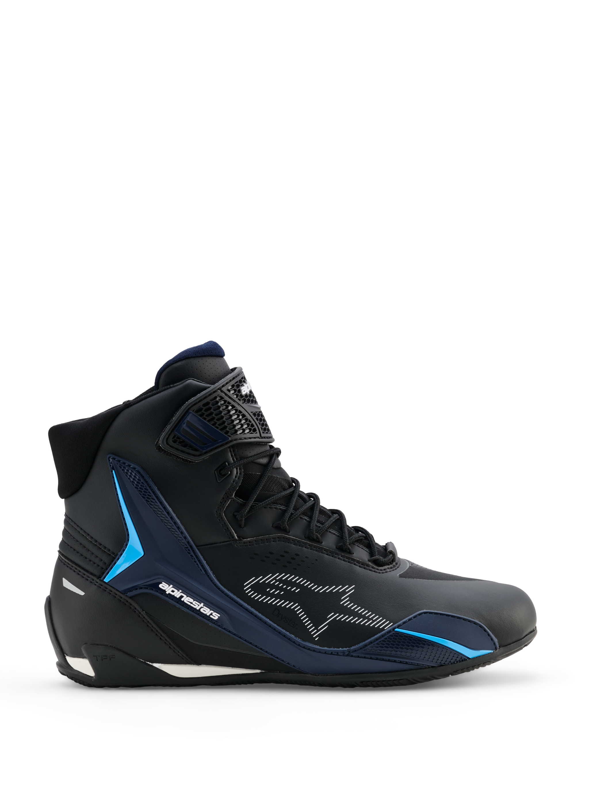 Alpinestars Faster-4 Drystar Shoes, Motorcycle Riding Shoes, Black Night Navy Cyan, lateral view showing high-top sneaker design, cyan TPU support panels, white dashed Alpinestars logo, and lace closure with a textured ankle strap.