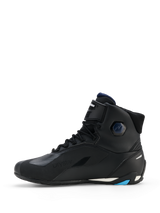 Alpinestars Faster-4 Drystar® Shoes, Black with Night Navy and Cyan accents, side profile view, high-top motorcycle riding shoes, featuring lace-up closure, hook-and-loop ankle strap, and protective reinforced sole
