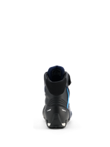 Alpinestars Faster-4 Drystar® Shoes, Motorcycle Riding Shoes, Black Night Navy Cyan, rear view highlighting reinforced heel and ankle structure, navy blue interior lining, reflective details, sleek athletic design for road performance