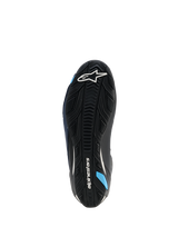 Alpinestars Faster-4 Drystar® Shoes, Sole View, Black Night Navy Cyan, featuring a reinforced rubber outsole with textured grip, white Alpinestars logo, and cyan blue accents, designed for motorcycle riding stability