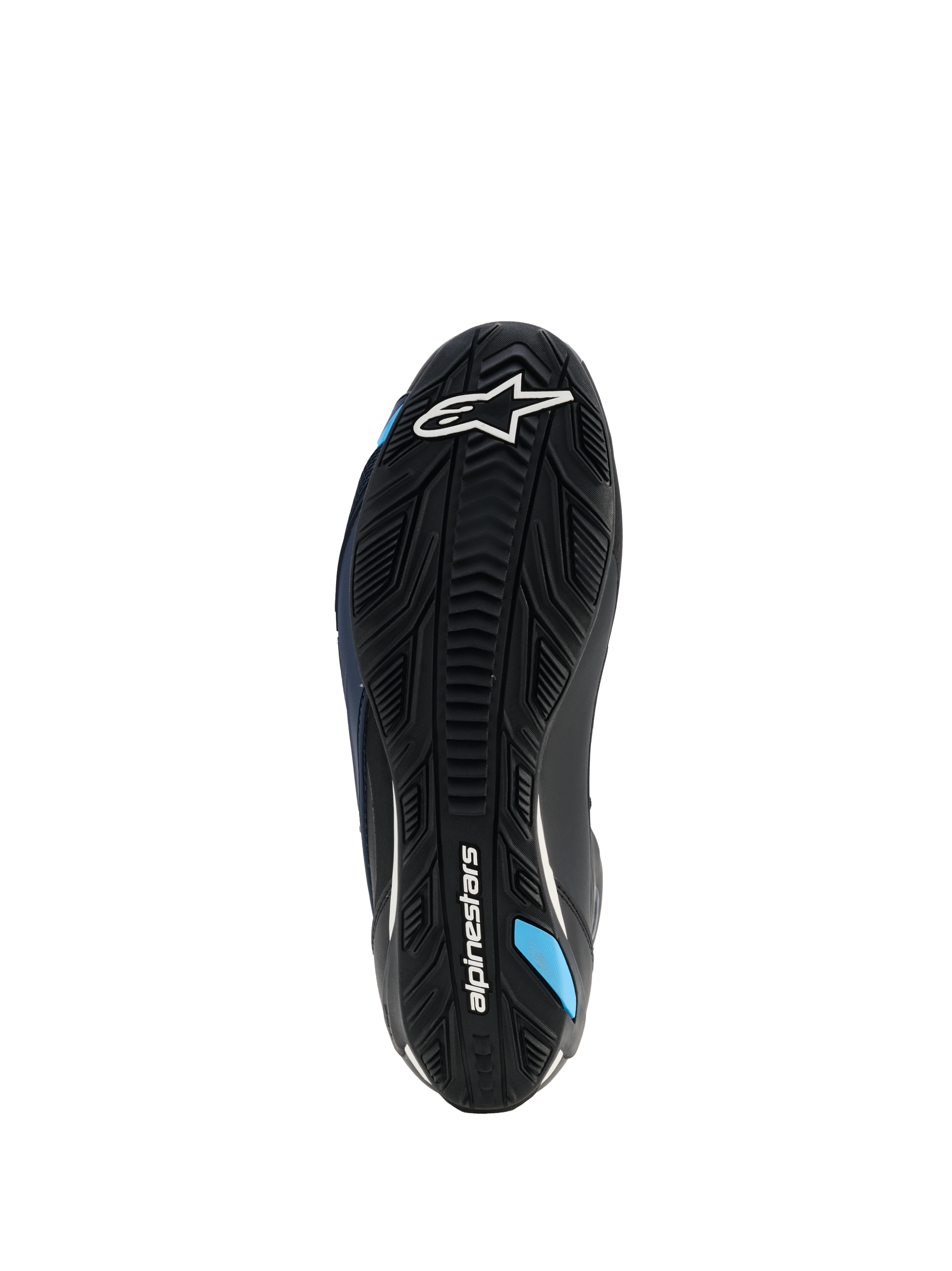 Alpinestars Faster-4 Drystar® Shoes, Sole View, Black Night Navy Cyan, featuring a reinforced rubber outsole with textured grip, white Alpinestars logo, and cyan blue accents, designed for motorcycle riding stability
