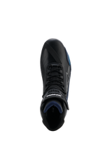 Alpinestars Faster-4 Drystar® Shoes, Top-down view of black motorcycle shoe, featuring Black Night Navy Cyan accents, lace closure with hook and loop strap, waterproof microfiber construction, sport road riding footwear