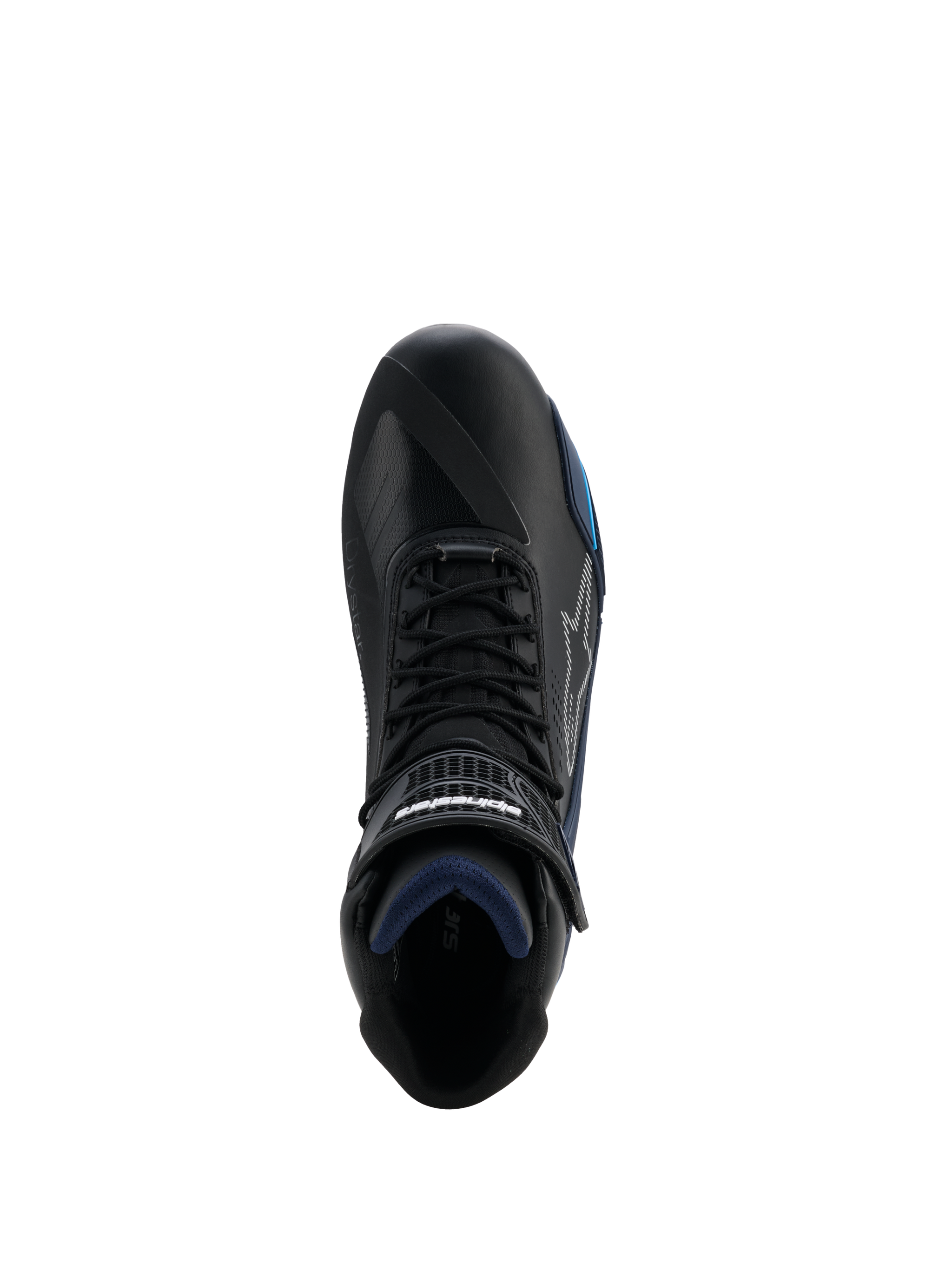 Alpinestars Faster-4 Drystar® Shoes, Top-down view of black motorcycle shoe, featuring Black Night Navy Cyan accents, lace closure with hook and loop strap, waterproof microfiber construction, sport road riding footwear