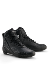 Alpinestars Stella Faster-4 Drystar® Shoes, Women's Waterproof Motorcycle Riding Shoes, Black and Silver, microfiber upper with lace-up closure and ankle strap, protective TPU reinforcements and Alpinestars branding.