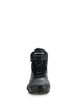 Alpinestars Woman Stella Faster-4 Drystar® Shoes, Motorcycle Riding Shoes, Black with Silver accents, front view showing lace-up closure and branded hook-and-loop ankle strap, sleek waterproof design for sport and road riding