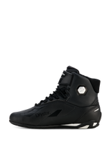 Alpinestars Woman Stella Faster-4 Drystar® Shoes, Black and Silver, lateral side profile view, waterproof motorcycle riding shoes with microfiber upper, lace-up closure and hook-and-loop strap, featuring Drystar branding and silver ankle logo.