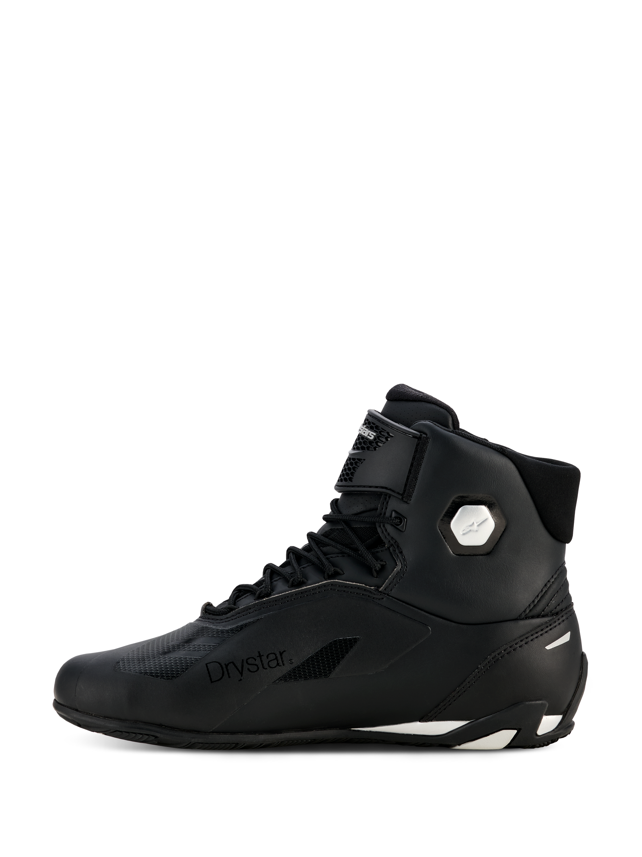 Alpinestars Woman Stella Faster-4 Drystar® Shoes, Black and Silver, lateral side profile view, waterproof motorcycle riding shoes with microfiber upper, lace-up closure and hook-and-loop strap, featuring Drystar branding and silver ankle logo.