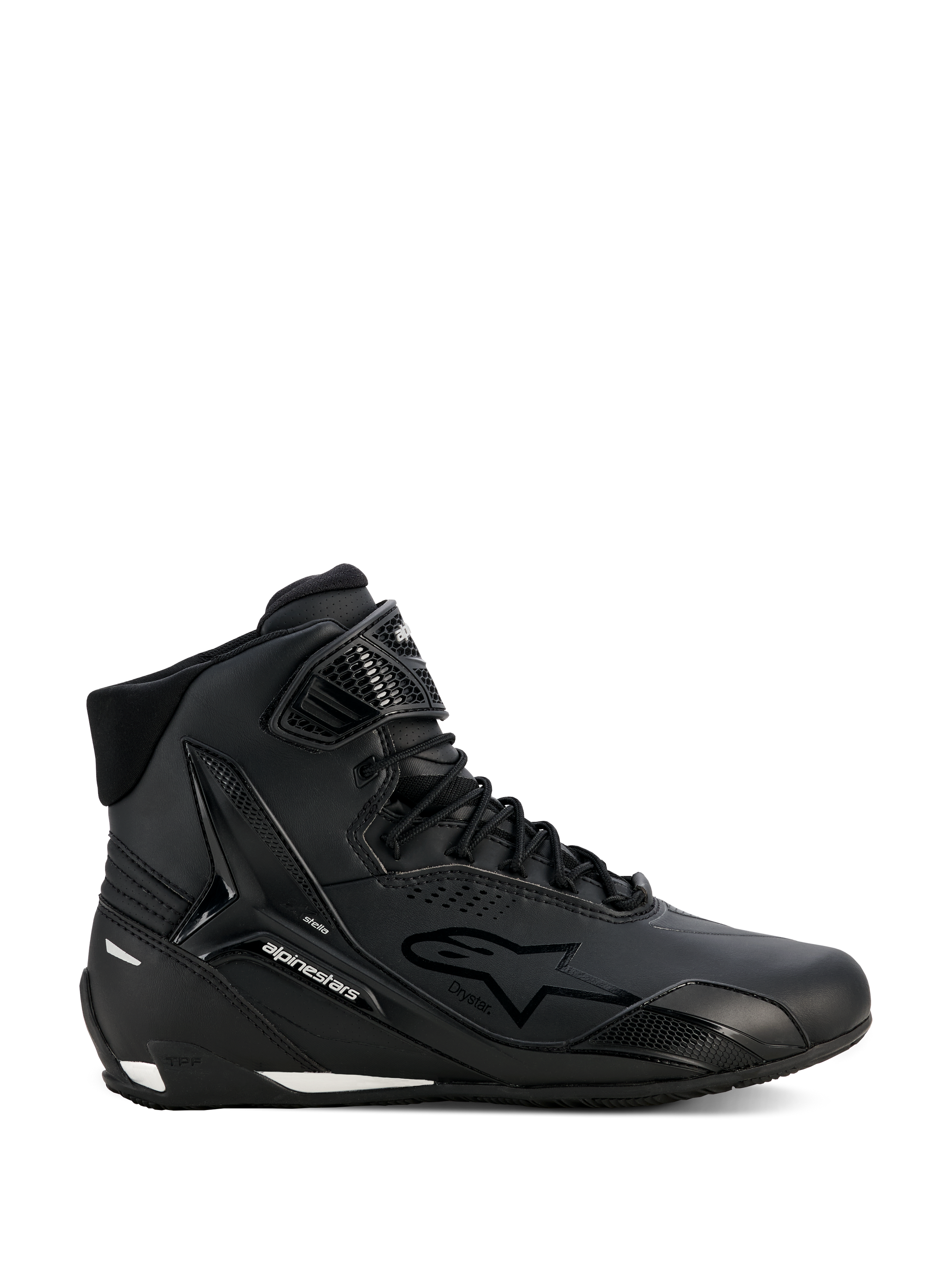 Alpinestars Stella Faster-4 Drystar Shoes, Women's Motorcycle Riding Shoes, Black and Silver, High-top design, Lace-up closure with hook-and-loop ankle strap, Seamless microfiber upper, Waterproof technology, White accents on the sole and heel