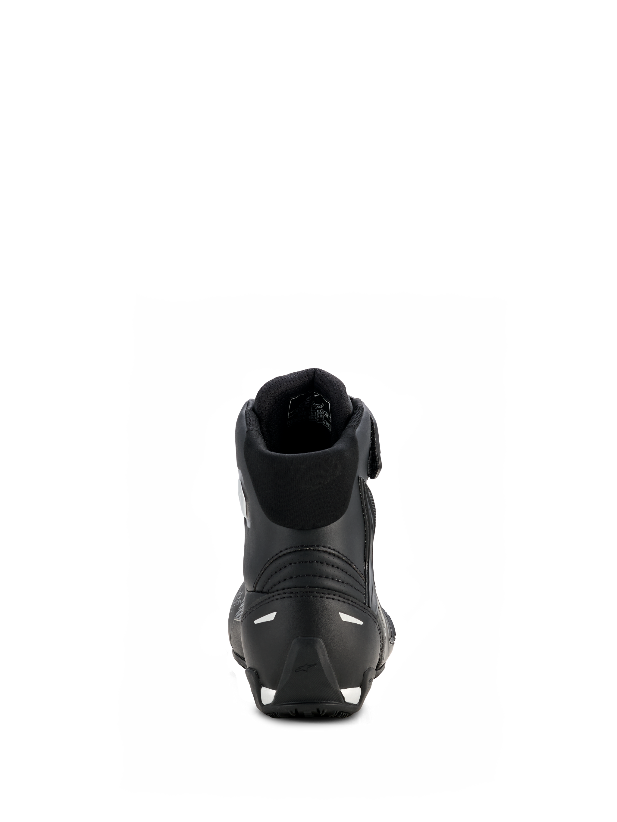 Alpinestars Woman Stella Faster-4 Drystar® Shoes, Black and Silver, rear view showing reinforced heel with silver accents, padded collar, and waterproof microfiber design