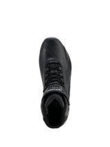 Alpinestars Woman Stella Faster-4 Drystar® Shoes, Women's Motorcycle Riding Shoes, Black and Silver, top-down view showing lace-up closure, velcro ankle strap, and waterproof microfiber construction