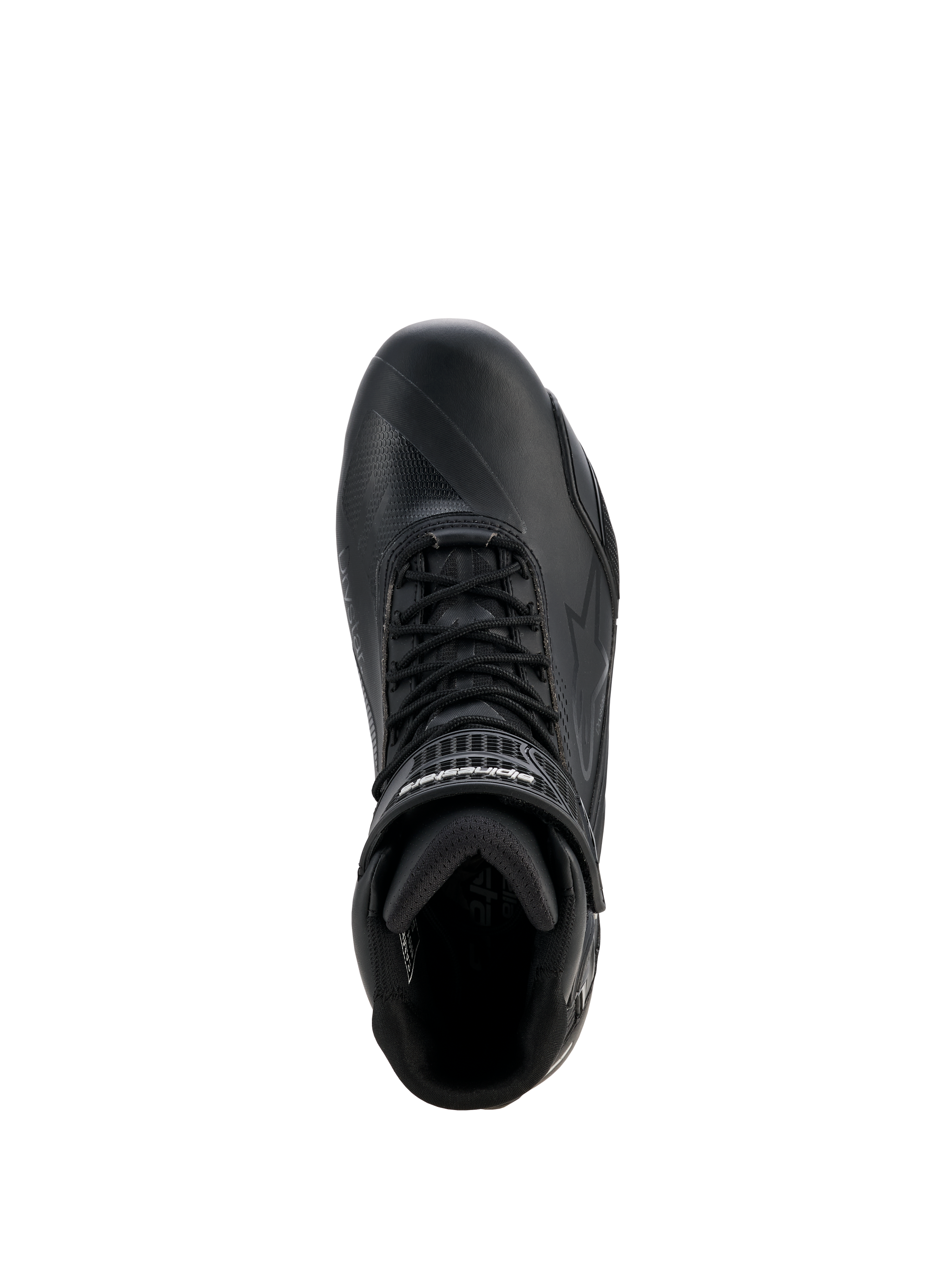 Alpinestars Woman Stella Faster-4 Drystar® Shoes, Women's Motorcycle Riding Shoes, Black and Silver, top-down view showing lace-up closure, velcro ankle strap, and waterproof microfiber construction