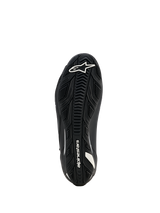 Alpinestars Woman Stella Faster-4 Drystar Shoes, Motorcycle Riding Shoes, Black, Sole view showing textured rubber outsole with white Alpinestars logo and branding, designed for superior grip and durability.