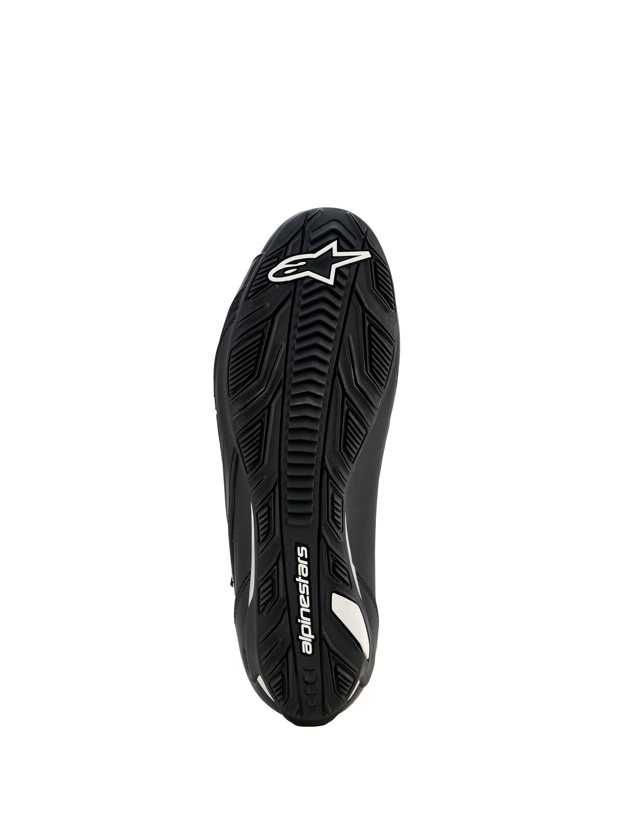 Alpinestars Woman Stella Faster-4 Drystar Shoes, Motorcycle Riding Shoes, Black, Sole view showing textured rubber outsole with white Alpinestars logo and branding, designed for superior grip and durability.