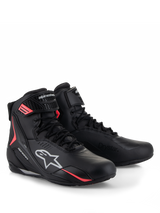 Alpinestars Stella Faster-4 Drystar® Shoes, Women's Motorcycle Riding Shoes, Black Gray and Coral Fluo, featuring waterproof Drystar® technology, lace-up closure with secure hook-and-loop strap, and vibrant coral accents with white Alpinestars branding