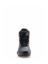 Alpinestars Stella Faster-4 Drystar® Shoes, Women's Motorcycle Riding Shoes, Black Gray and Coral Fluo, front view featuring lace-up closure, protective ankle strap with branding, and coral accents