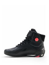 Alpinestars Stella Faster-4 Drystar® Shoes, Women's Motorcycle Riding Shoes, Black and Coral Fluo, side profile view showing seamless microfiber upper, lace-up closure, and coral ankle protection detail