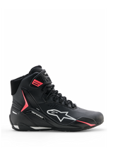 Alpinestars Stella Faster-4 Drystar® Shoes, Women's Motorcycle Riding Shoes, Black with Gray and Coral Fluo accents, high-top design with side branding and hook-and-loop strap, waterproof microfiber for sports riding