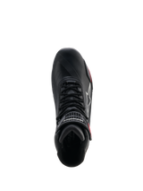 Alpinestars Woman Stella Faster-4 Drystar® Shoes, Motorcycle Riding Shoes, Black Gray and Coral Fluo, top-down view showing lacing system and hook-and-loop ankle strap, sleek microfiber design with waterproof Drystar® technology