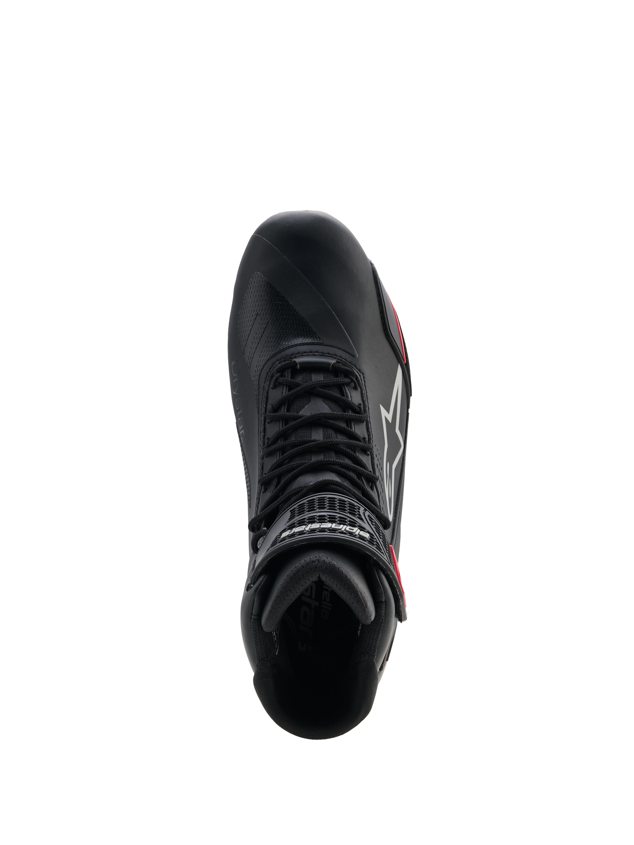 Alpinestars Woman Stella Faster-4 Drystar® Shoes, Motorcycle Riding Shoes, Black Gray and Coral Fluo, top-down view showing lacing system and hook-and-loop ankle strap, sleek microfiber design with waterproof Drystar® technology