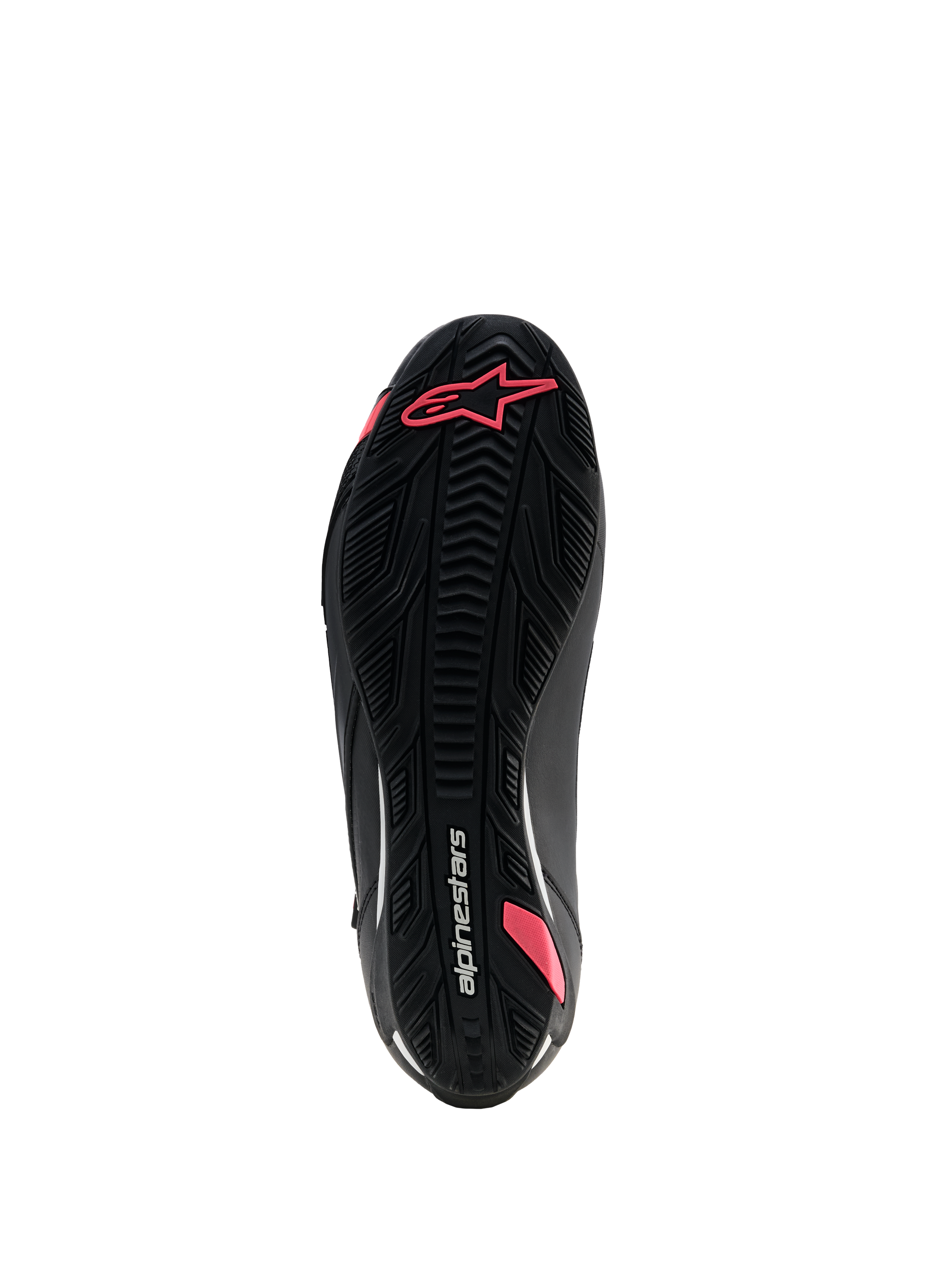 Alpinestars Stella Faster-4 Drystar® Shoes, Women's Motorcycle Riding Shoes, Black and Coral Fluo, bottom view of the textured rubber sole featuring a grip pattern, Astars logo, and Alpinestars branding.