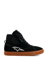 Alpinestars Stated Waterproof Shoes, Black High-Top Riding Sneakers, Suede and Knitted Construction, White Alpinestars Logo, Speckled Brown Gum Vulcanized Sole, Urban Motorcycle Footwear, Modern Skate-Inspired Design