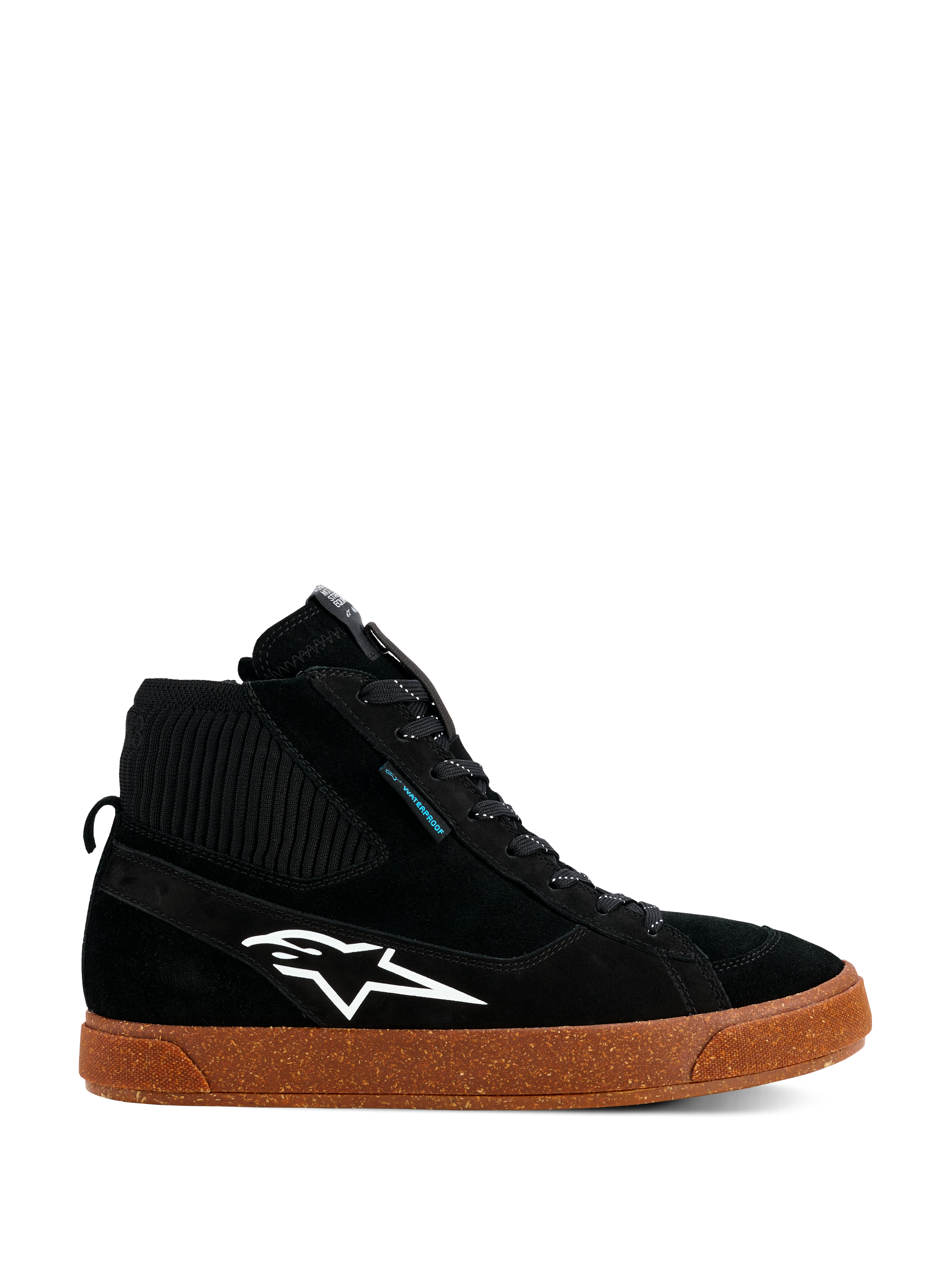 Alpinestars Stated Waterproof Shoes, Black High-Top Riding Sneakers, Suede and Knitted Construction, White Alpinestars Logo, Speckled Brown Gum Vulcanized Sole, Urban Motorcycle Footwear, Modern Skate-Inspired Design