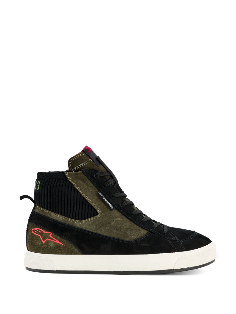 Alpinestars Stated Waterproof Shoes, High-top motorcycle riding sneakers, Military Green and Black suede construction, Off-White vulcanized rubber sole, Red star logo on heel, Black ribbed ankle collar, Urban street-inspired design