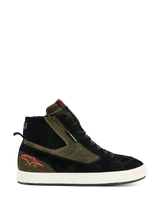 Alpinestars Stated Waterproof Shoes, High-top motorcycle riding sneakers, Military Green and Black suede construction, Off-White vulcanized rubber sole, Red star logo on heel, Black ribbed ankle collar, Urban street-inspired design