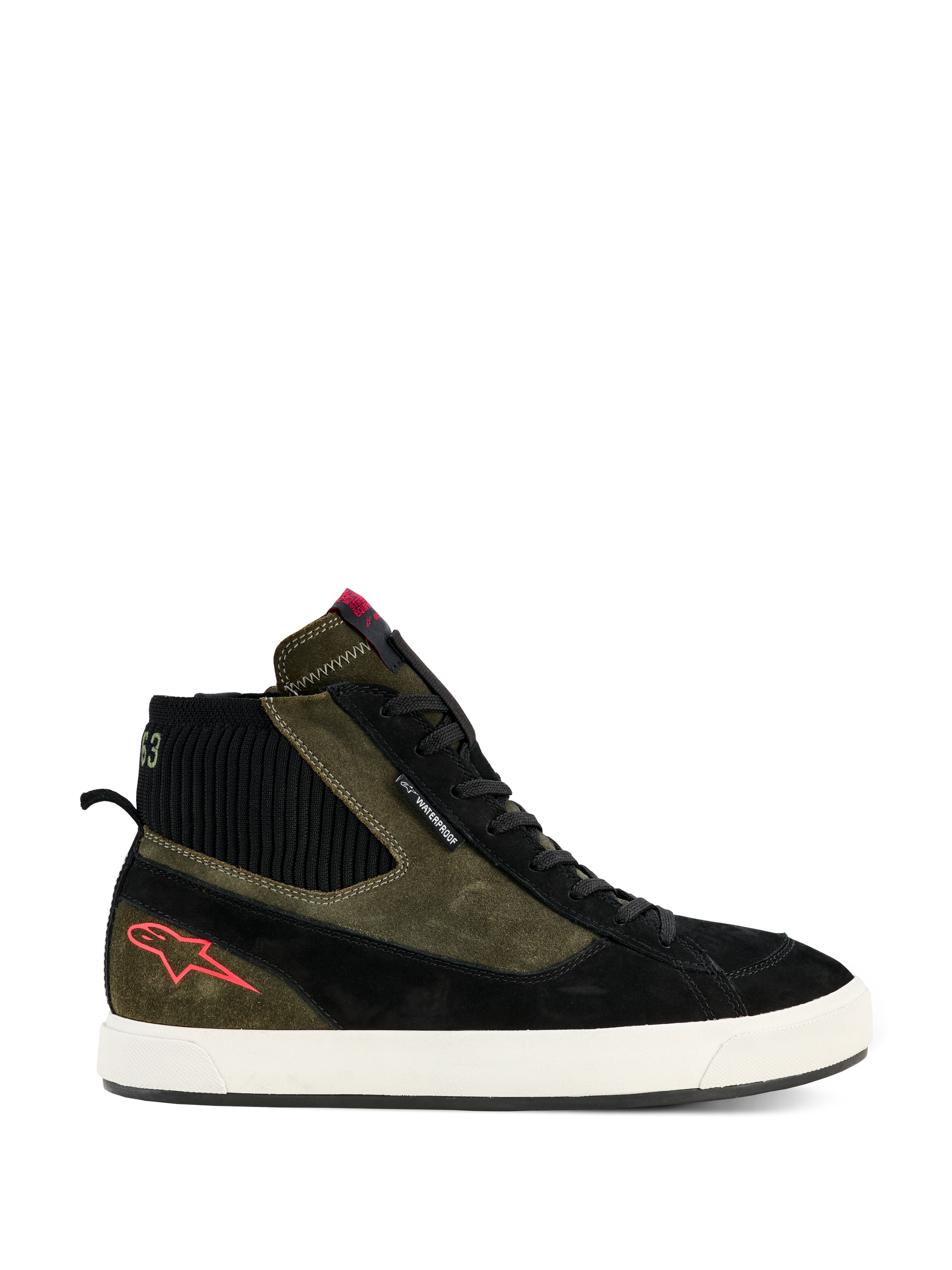 Alpinestars Stated Waterproof Shoes, High-top motorcycle riding sneakers, Military Green and Black suede construction, Off-White vulcanized rubber sole, Red star logo on heel, Black ribbed ankle collar, Urban street-inspired design