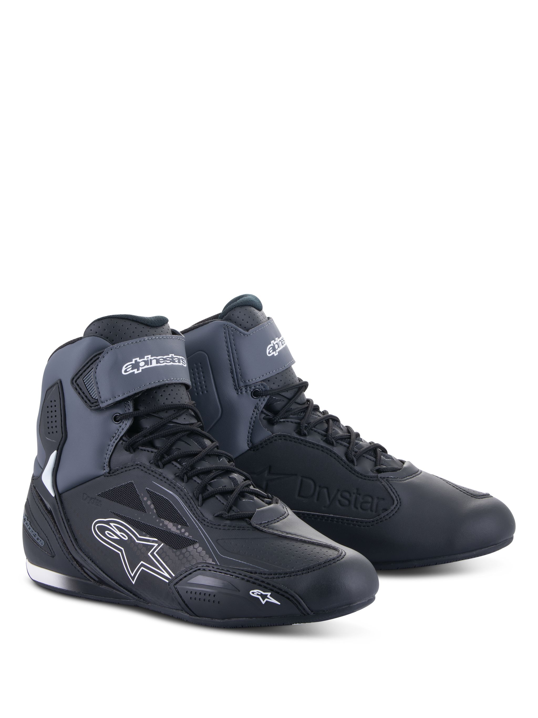 Alpinestars Faster-3 Drystar Riding Shoes, waterproof motorcycle shoes, black and dark gray, durable microfiber construction.