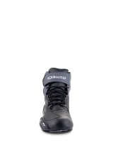 Alpinestars Faster-3 Drystar Riding Shoes in Black and Dark Gray, waterproof motorcycle footwear with front laces and logo strap.