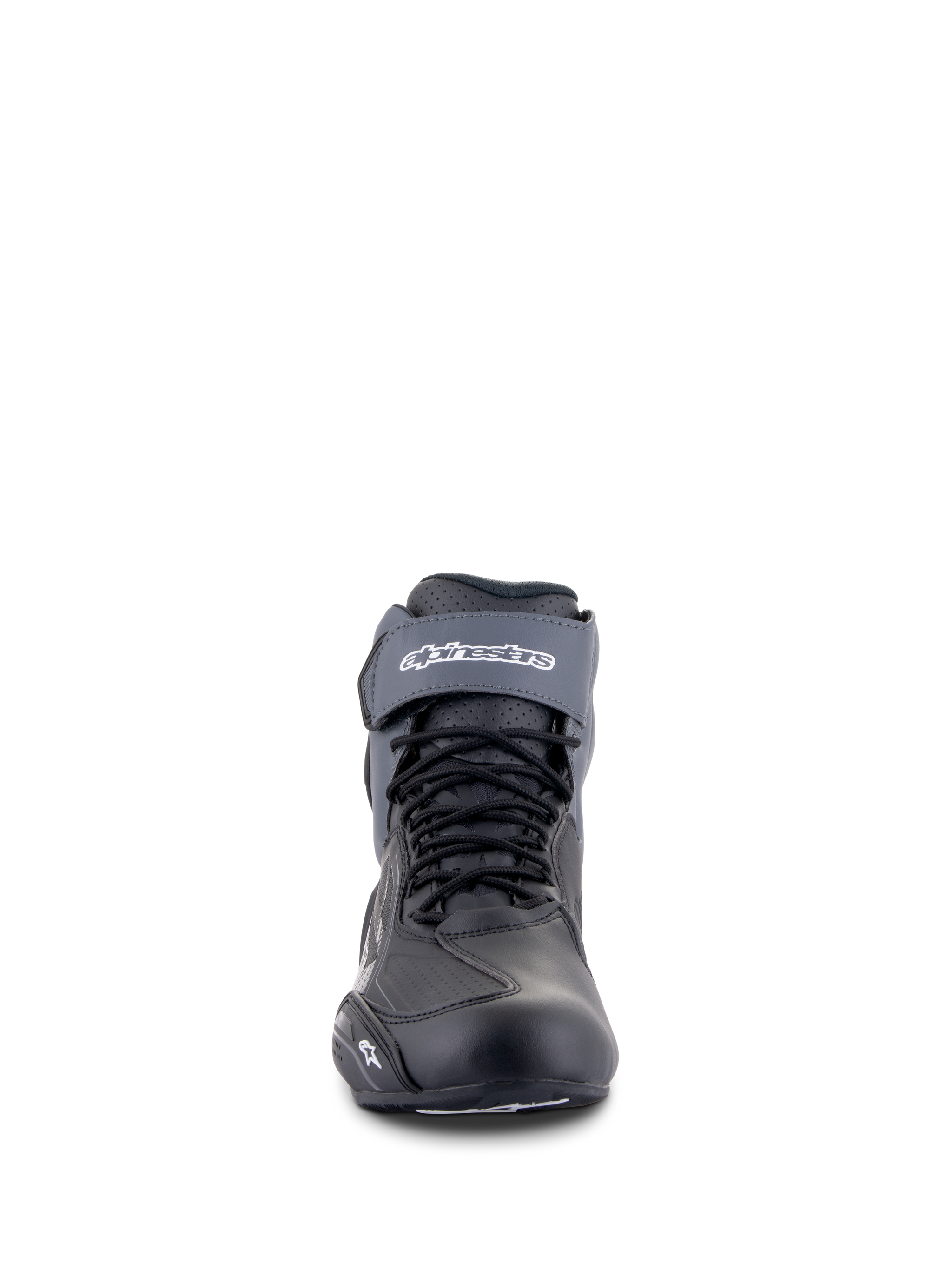 Alpinestars Faster-3 Drystar Riding Shoes in Black and Dark Gray, waterproof motorcycle footwear with front laces and logo strap.