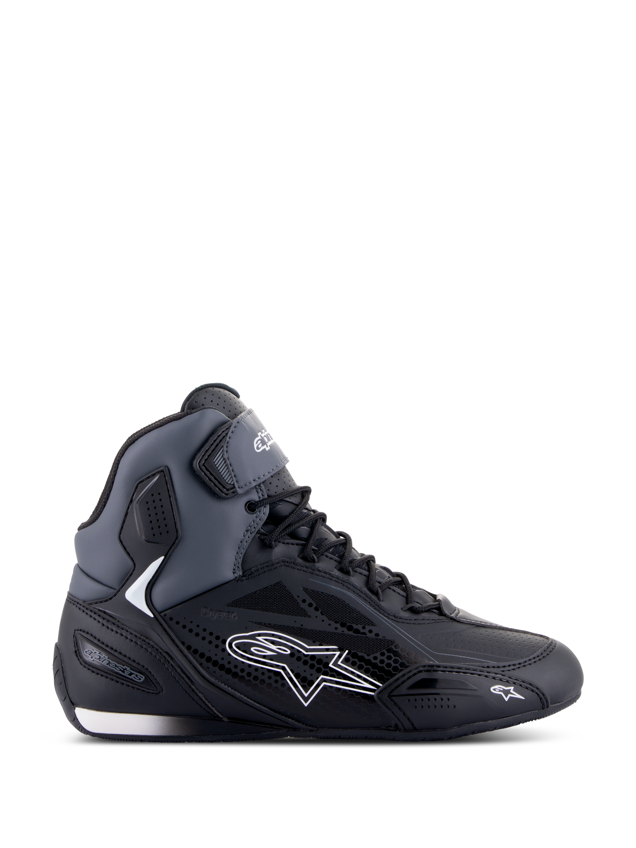 Alpinestars Faster-3 Drystar Riding Shoes, waterproof motorcycle footwear in Black and Dark Gray with microfiber construction.
