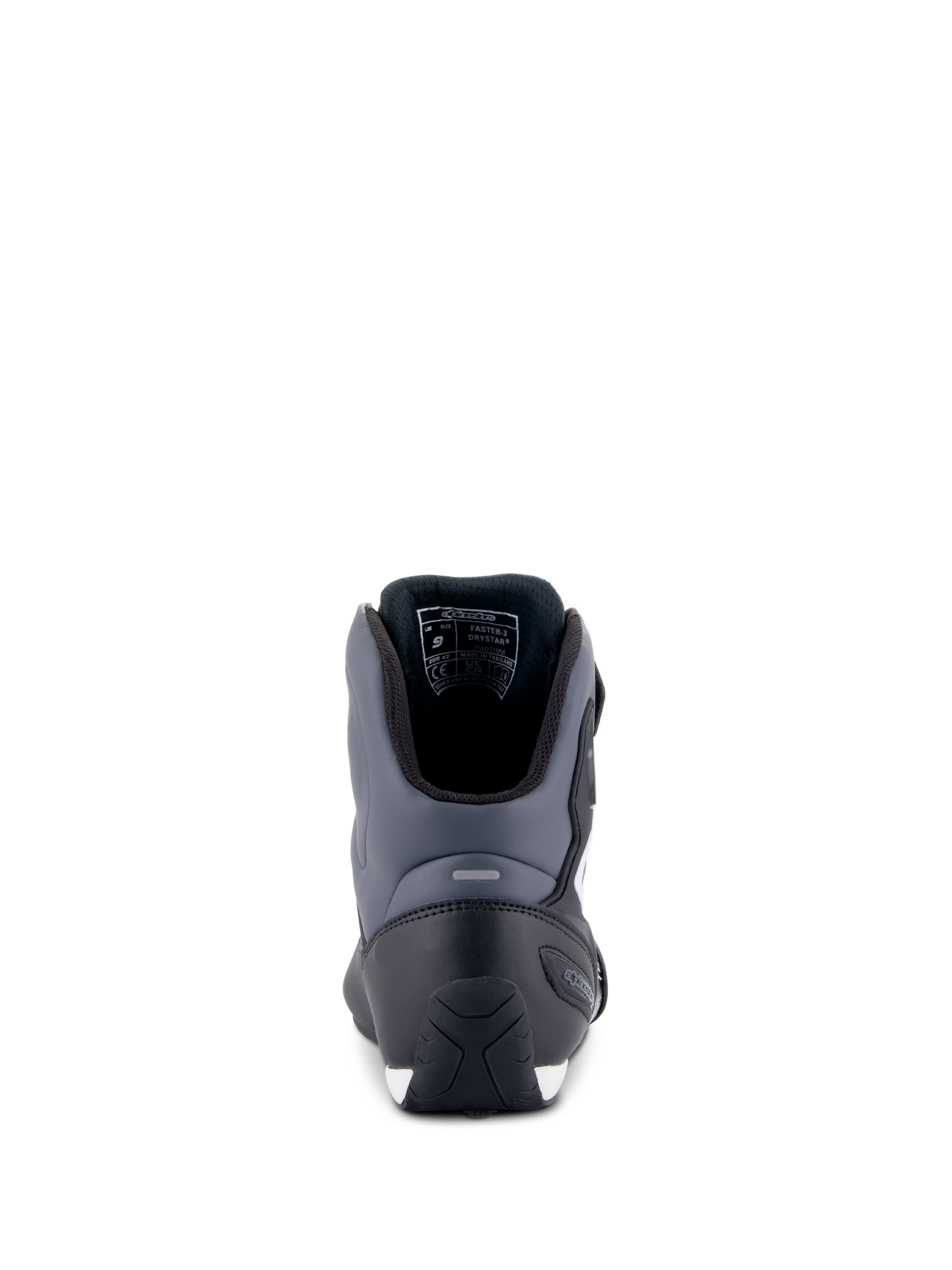Alpinestars Faster-3 Drystar® Riding Shoes, waterproof motorcycle shoes in black and dark gray, back view with CE certification.