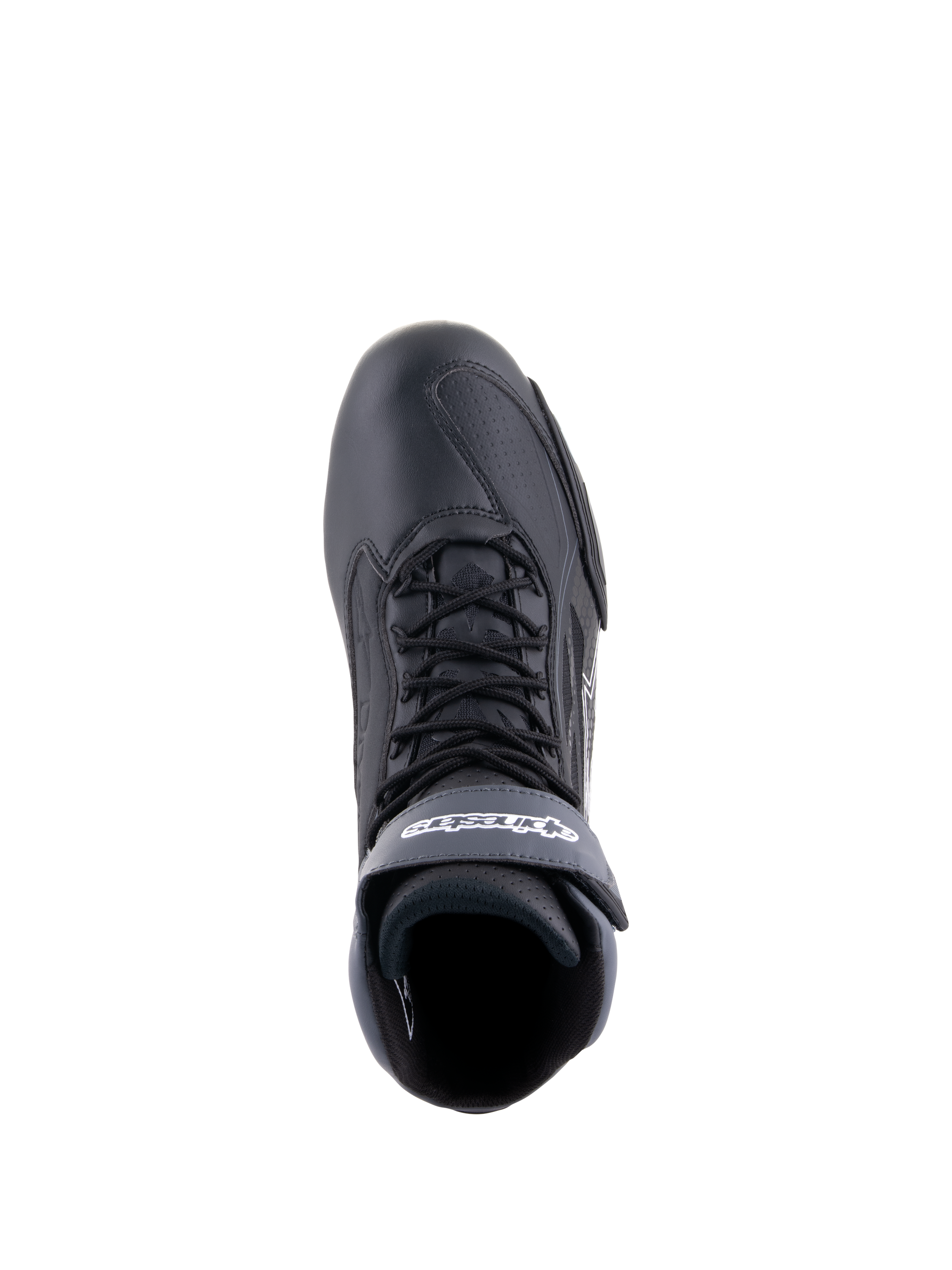 Alpinestars Faster-3 Drystar® Riding Shoes, Waterproof Motorcycle Shoes, Men's, Black and Dark Gray, top-down view.