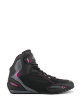 Alpinestars Women Stella Faster-3 Drystar Shoes, Motorcycle Riding Sneakers, Black with Dark Gray and Fuchsia pink accents, side profile showing high-top silhouette, lace-up closure with Velcro ankle strap, and reinforced protective panels.