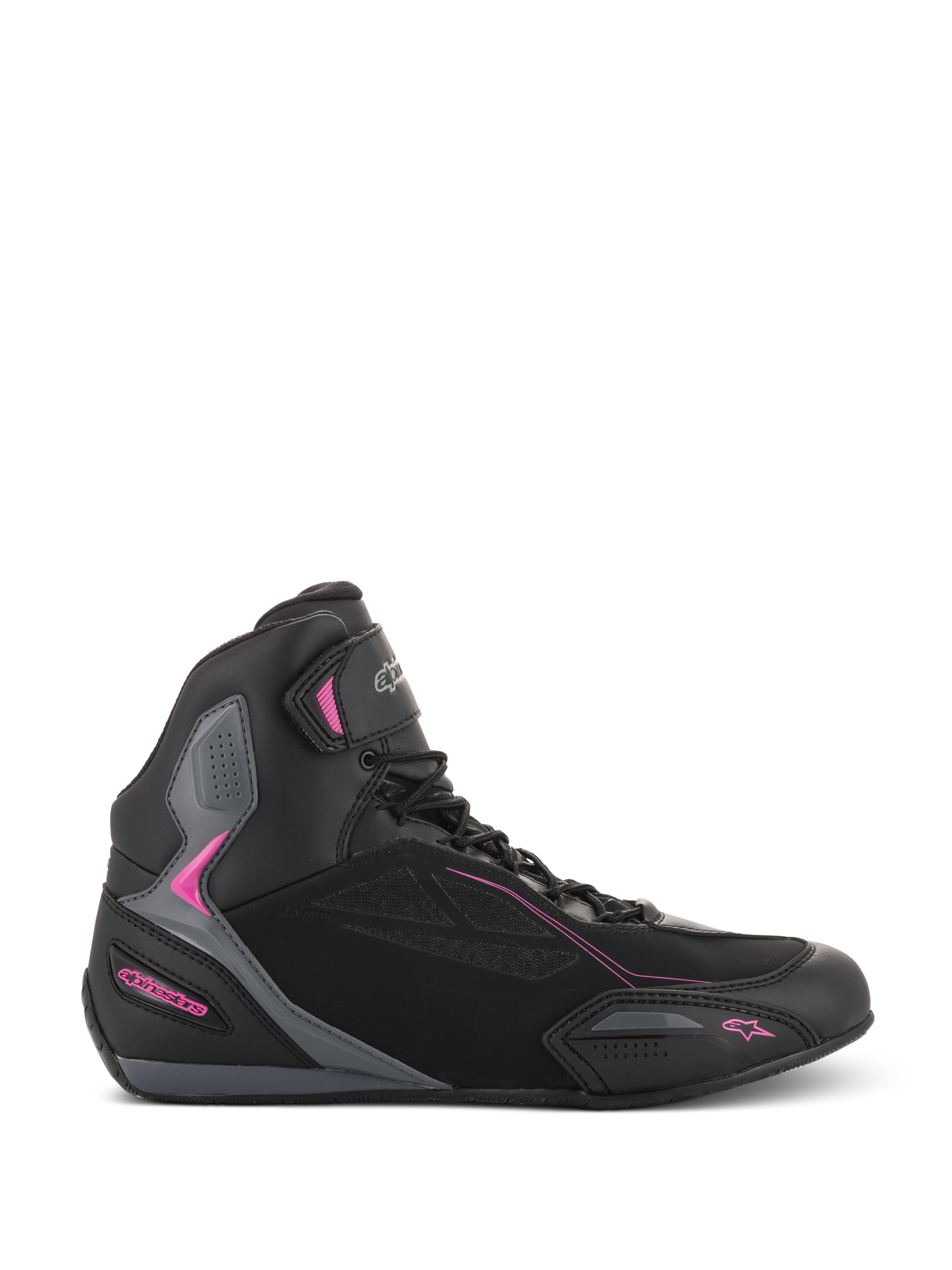 Alpinestars Women Stella Faster-3 Drystar Shoes, Motorcycle Riding Sneakers, Black with Dark Gray and Fuchsia pink accents, side profile showing high-top silhouette, lace-up closure with Velcro ankle strap, and reinforced protective panels.