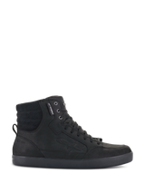 Alpinestars J-6 Waterproof Shoe, Black high-top urban riding sneaker, side profile view showing premium leather construction, lace-up closure, and padded ankle collar