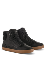 Alpinestars J-6 Waterproof Shoe, Black and Gum, High-top motorcycle riding shoes in premium leather, sneaker-style design with tan gum rubber sole, waterproof tag and embossed logo, urban casual look