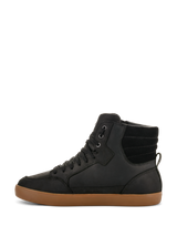 Alpinestars J-6 Waterproof Shoe, Motorcycle Riding Shoe, Black with Brown Gum sole, side profile view, high-top sneaker design, leather upper, casual urban motorcycle footwear