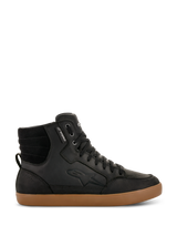 Alpinestars J-6 Waterproof Shoe, Black high-top motorcycle sneaker with brown gum sole, waterproof urban riding footwear, features padded ankle collar, black laces, subtle logo embossing, and leather construction