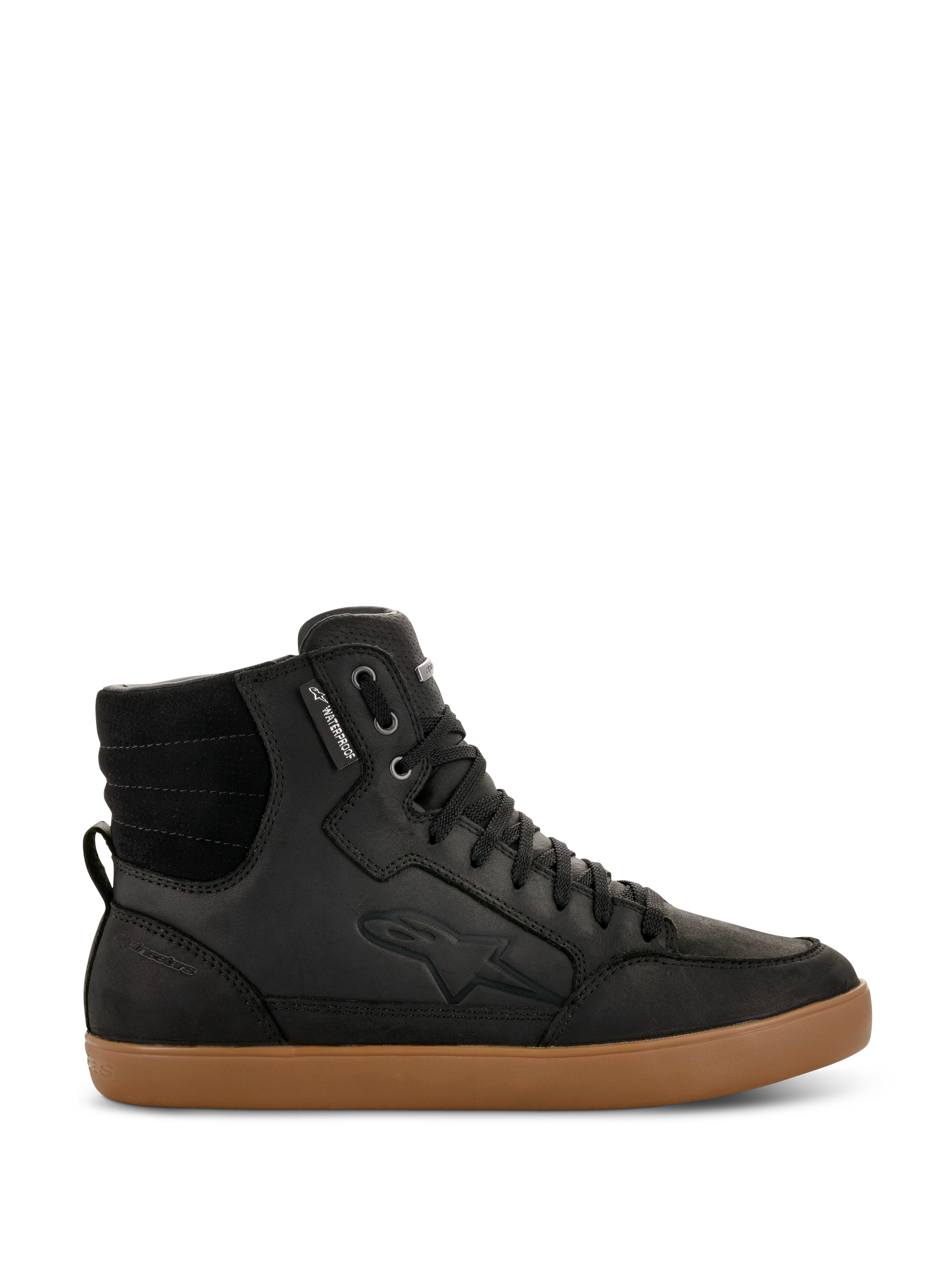Alpinestars J-6 Waterproof Shoe, Black high-top motorcycle sneaker with brown gum sole, waterproof urban riding footwear, features padded ankle collar, black laces, subtle logo embossing, and leather construction
