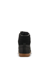 Alpinestars J-6 Waterproof Shoe, Motorcycle Riding Shoe, Black and Gum, Rear view featuring high-quality black leather upper, horizontal ankle stitching, and gum rubber sole with embossed Alpinestars branding.